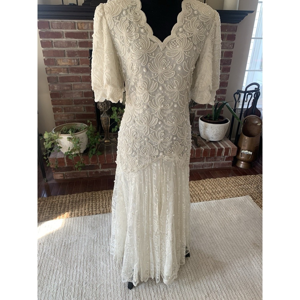 Vintage Laurence Kazar Lace New York Beaded  Wedding Dress‎ Cream Ivory  Size S